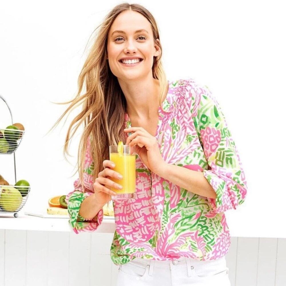 Lilly Pulitzer Pink&Green Silk Elsa Top Home Slice Pink Pineapple Sz.S